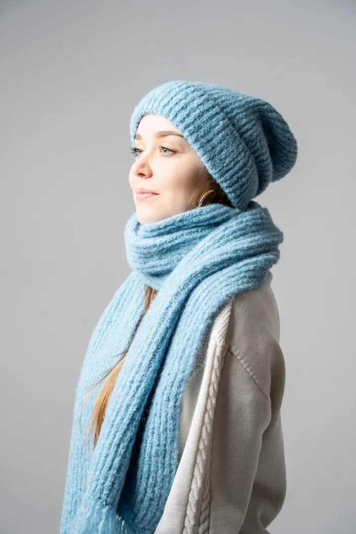 Light-blue fluffy alpaca hat and scarf
